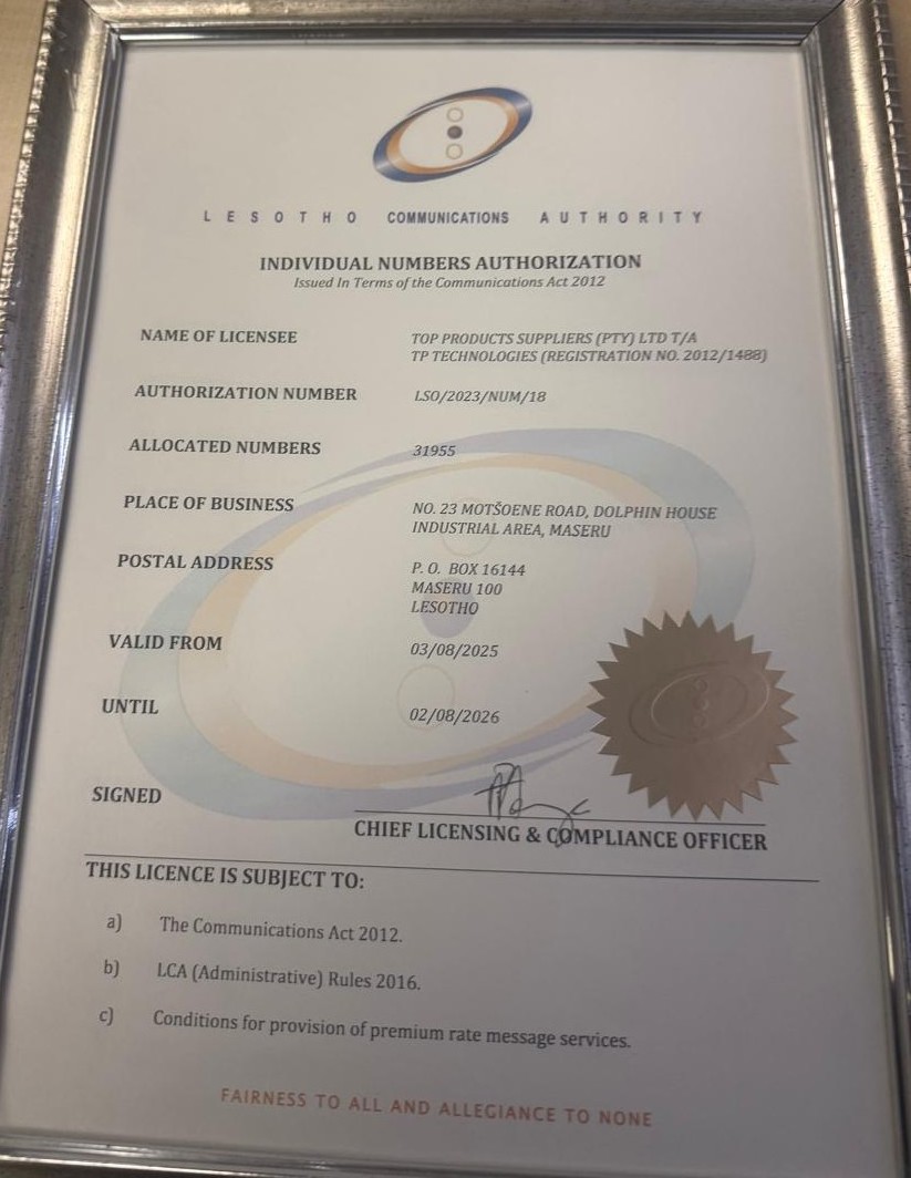 TP Technologies Individual Numbers Authorisation issued by the Lesotho Communications Authority